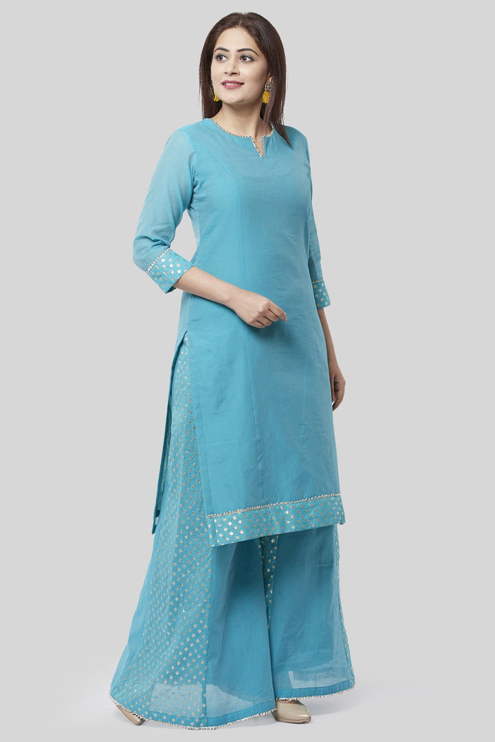 anokherang Combos XS Noor Blue Straight Kurti with Golden Weaved Kalidar Palazzo