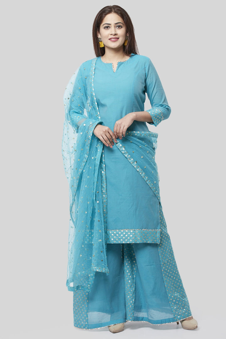 anokherang Combos XS Noor Blue Straight Kurti with Golden Weaved Kalidar Palazzo and Sequenced Dupatta