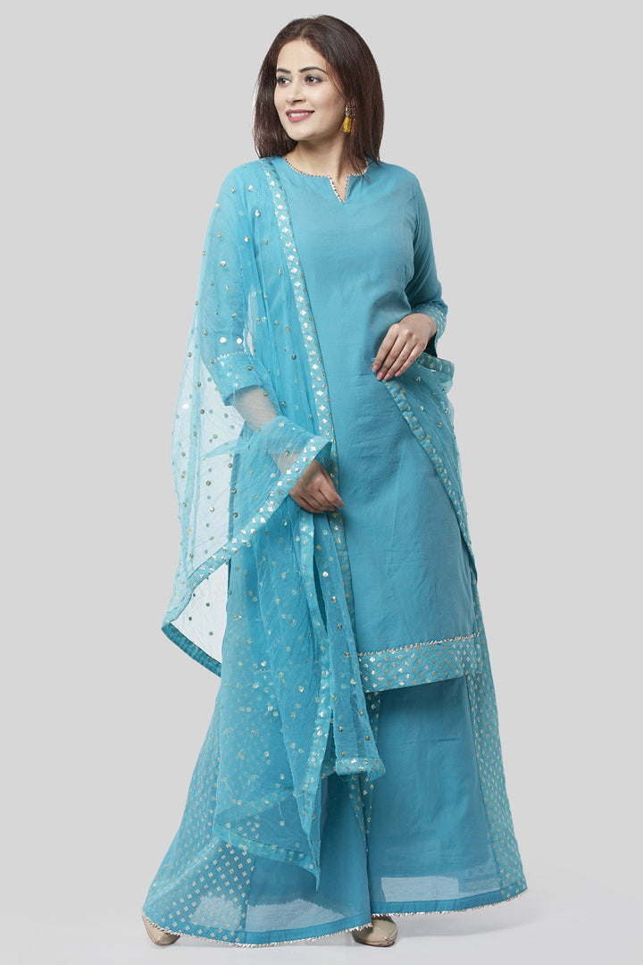 anokherang Combos XS Noor Blue Straight Kurti with Golden Weaved Kalidar Palazzo and Sequenced Dupatta