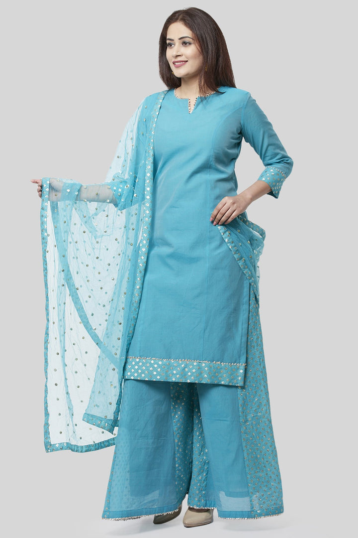 anokherang Combos XS Noor Blue Straight Kurti with Golden Weaved Kalidar Palazzo and Sequenced Dupatta