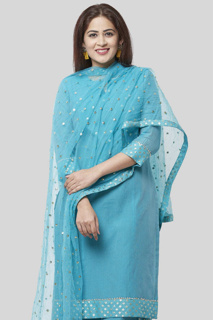anokherang Combos XS Noor Blue Straight Kurti with Golden Weaved Kalidar Palazzo and Sequenced Dupatta