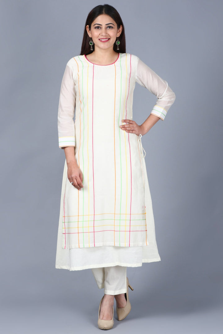 anokherang Combos XS Off-White Freedom Double Layered Kurti with Straight Pants