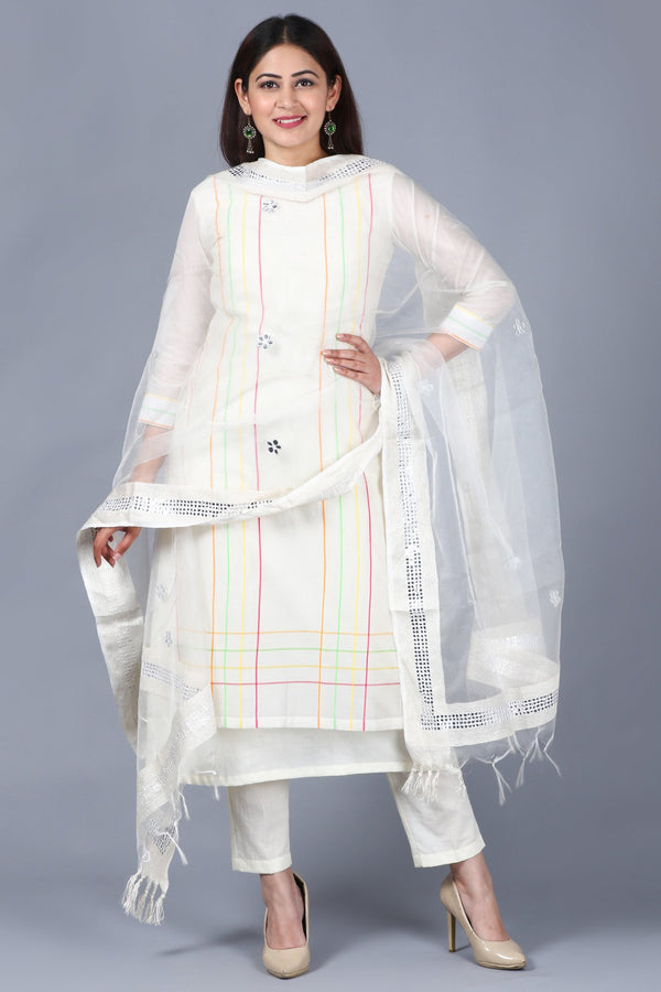 anokherang Combos XS Off-White Freedom Double Layered Kurti with Straight Pants and Mirror Organza Dupatta