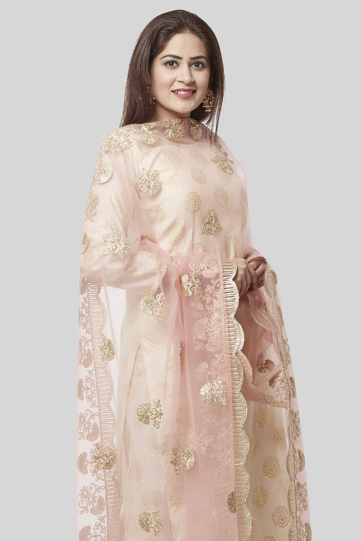 anokherang Combos XS Off-White Gold Foil Printed Kurti with Foil Printed Kalidaar Palazzo and Floral Gotta Patti Dupatta
