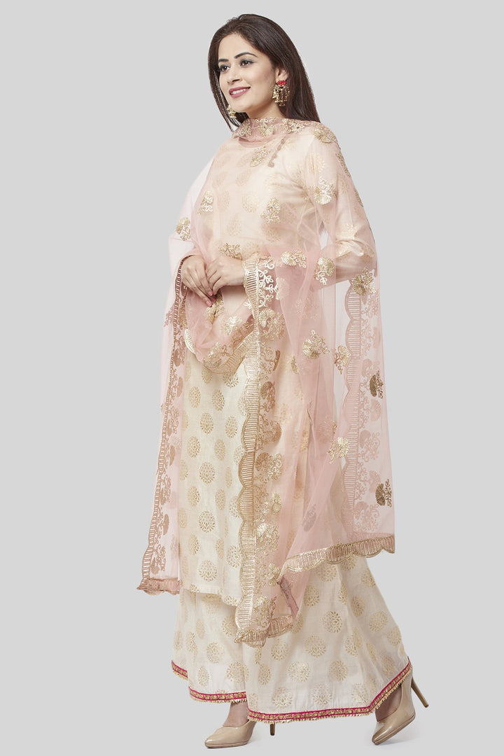 anokherang Combos XS Off-White Gold Foil Printed Kurti with Foil Printed Kalidaar Palazzo and Floral Gotta Patti Dupatta