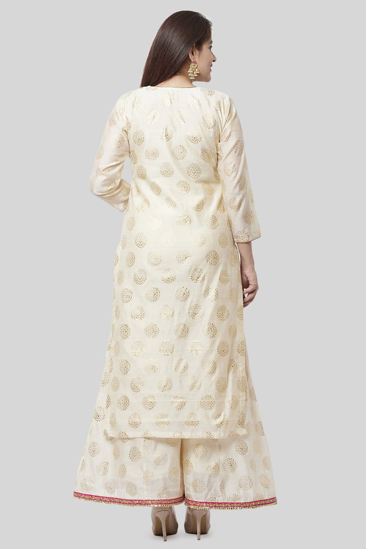 anokherang Combos XS Off-White Gold Foil Printed Kurti with Foil Printed Kalidaar Palazzo and Floral Gotta Patti Dupatta