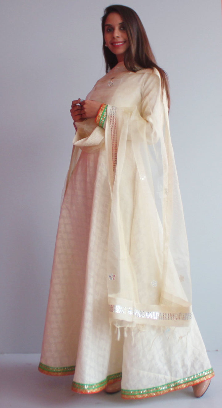 anokherang Combos XS Off-White Self Work Floor Length Kurti with Ivory Sequenced Organza Dupatta