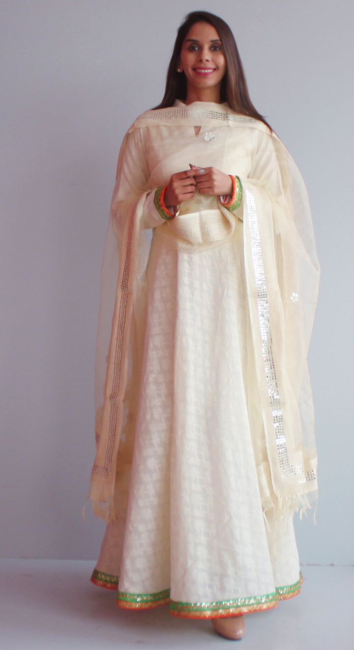 anokherang Combos XS Off-White Self Work Floor Length Kurti with Ivory Sequenced Organza Dupatta