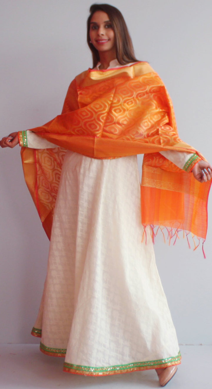 anokherang Combos XS Off-White Self Work Floor Length Kurti with Orange Shaded Chanderi Dupatta
