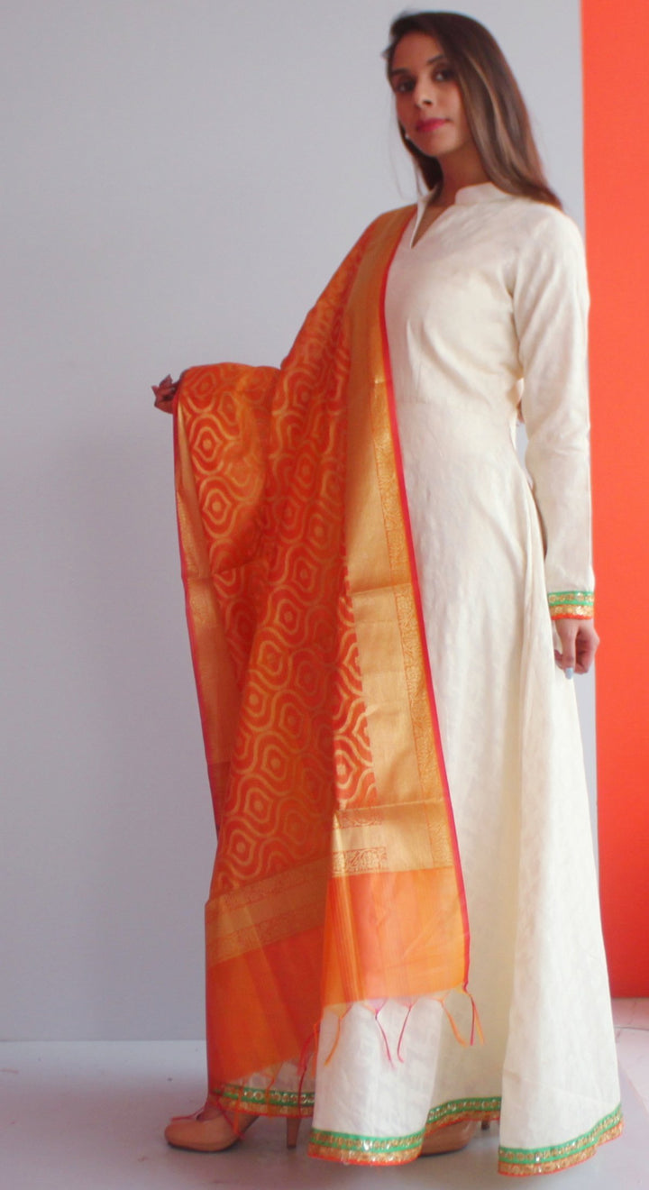 anokherang Combos XS Off-White Self Work Floor Length Kurti with Orange Shaded Chanderi Dupatta