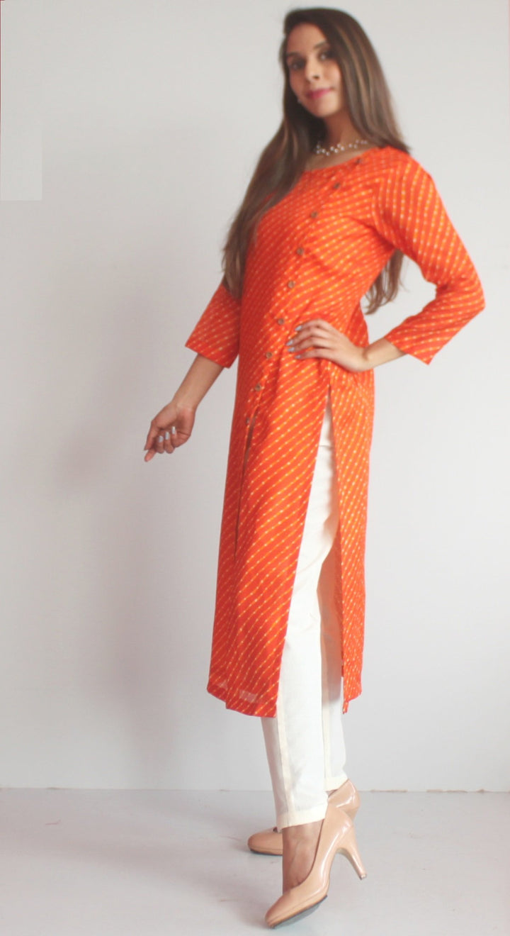 anokherang Combos XS Orange Kota Leheriya Side Buttoned Kurti with  Straight Pants