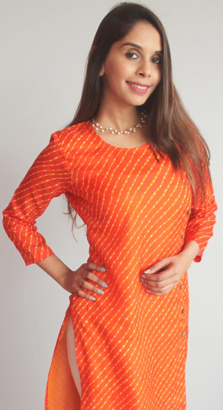 anokherang Combos XS Orange Kota Leheriya Side Buttoned Kurti with  Straight Pants