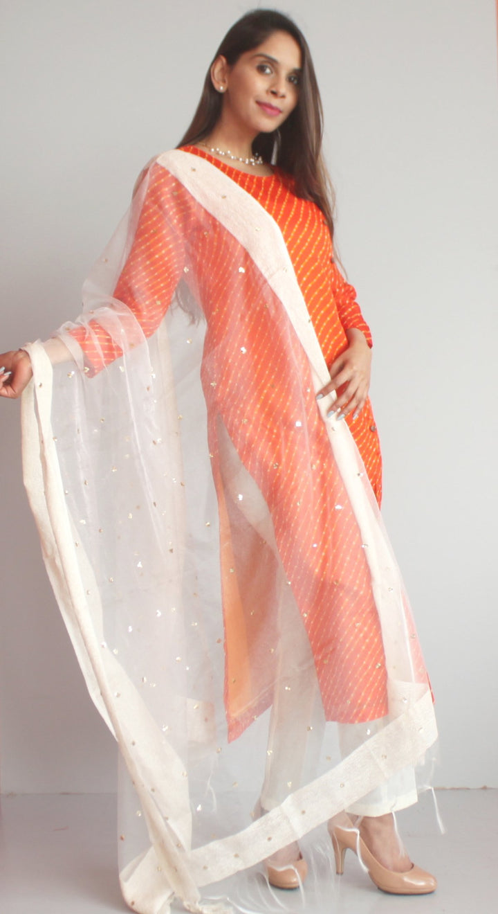 anokherang Combos XS Orange Kota Leheriya Side Buttoned Kurti with Straight Pants and OffWhite Sequenced Dupatta