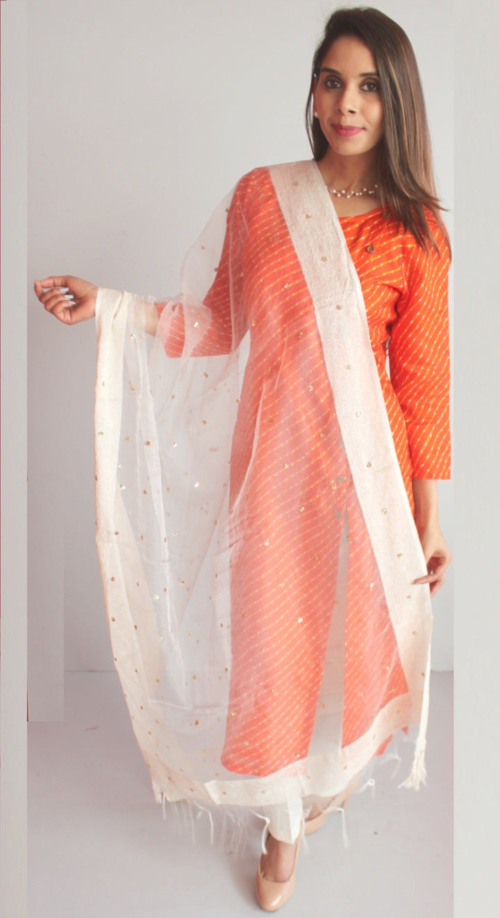 anokherang Combos XS Orange Kota Leheriya Side Buttoned Kurti with Straight Pants and OffWhite Sequenced Dupatta