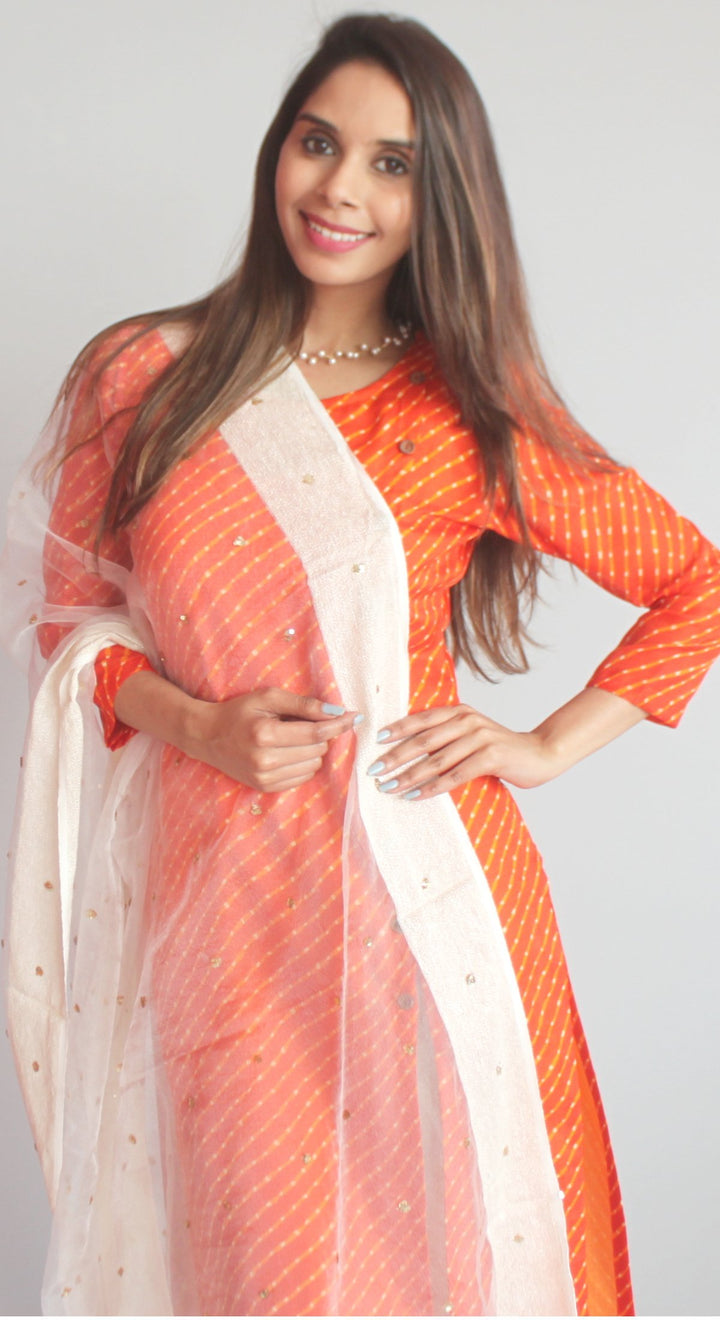 anokherang Combos XS Orange Kota Leheriya Side Buttoned Kurti with Straight Pants and OffWhite Sequenced Dupatta