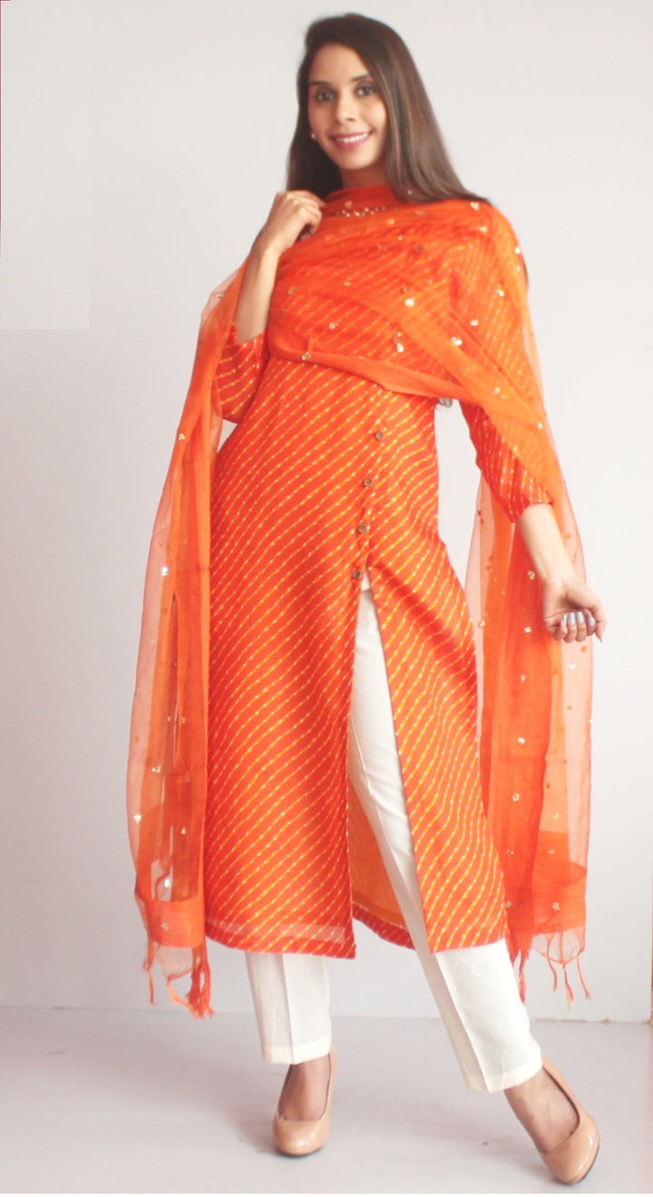 anokherang Combos XS Orange Kota Leheriya Side Buttoned Kurti with Straight Pants and Orange Sequenced Dupatta
