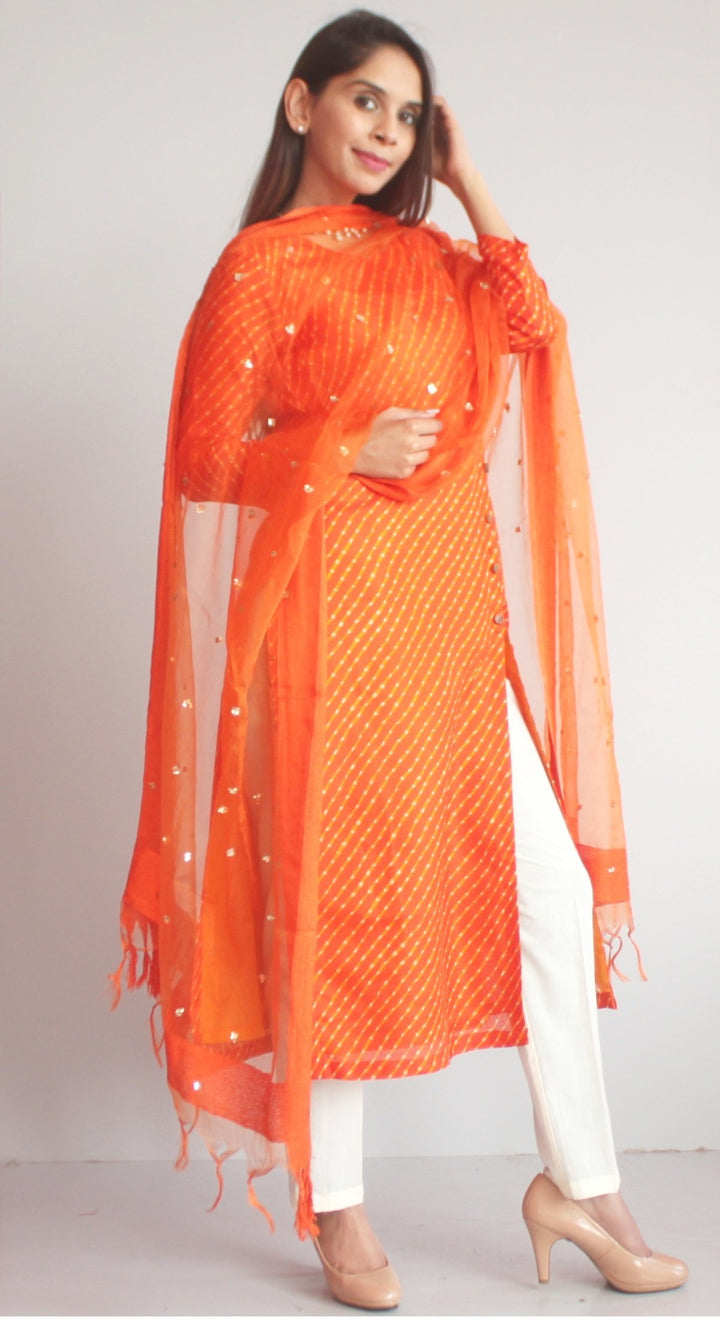 anokherang Combos XS Orange Kota Leheriya Side Buttoned Kurti with Straight Pants and Orange Sequenced Dupatta