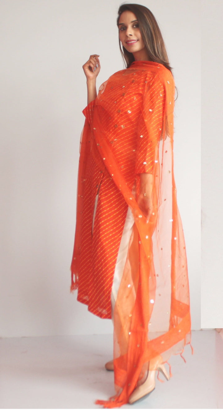 anokherang Combos XS Orange Kota Leheriya Side Buttoned Kurti with Straight Pants and Orange Sequenced Dupatta