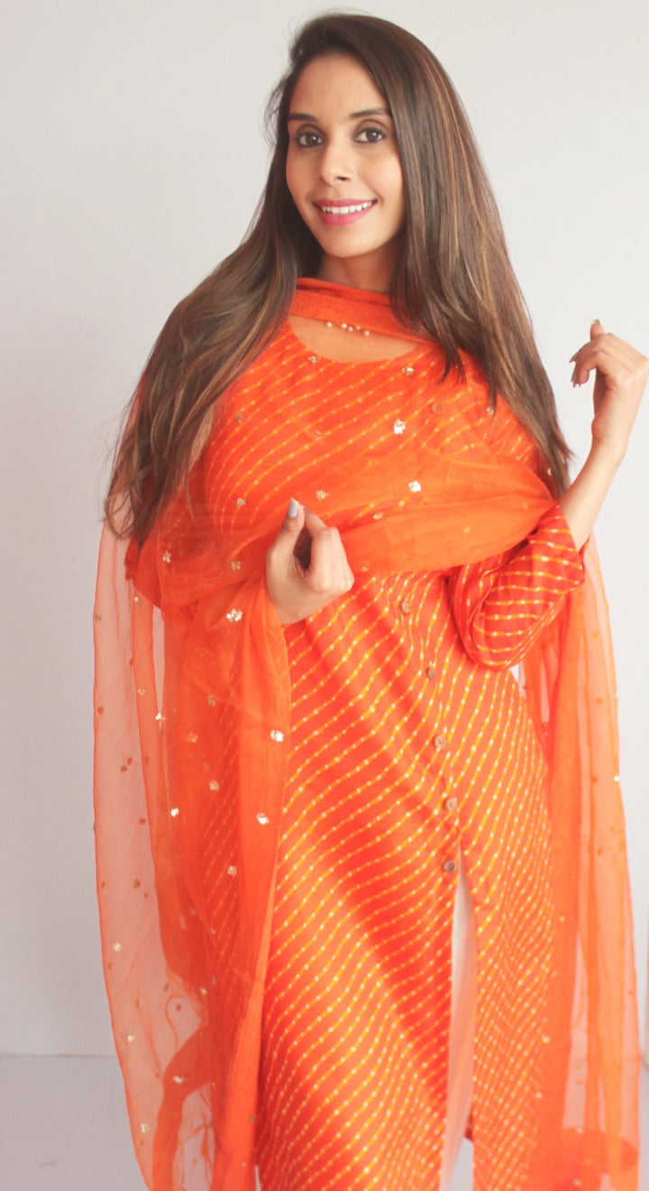 anokherang Combos XS Orange Kota Leheriya Side Buttoned Kurti with Straight Pants and Orange Sequenced Dupatta