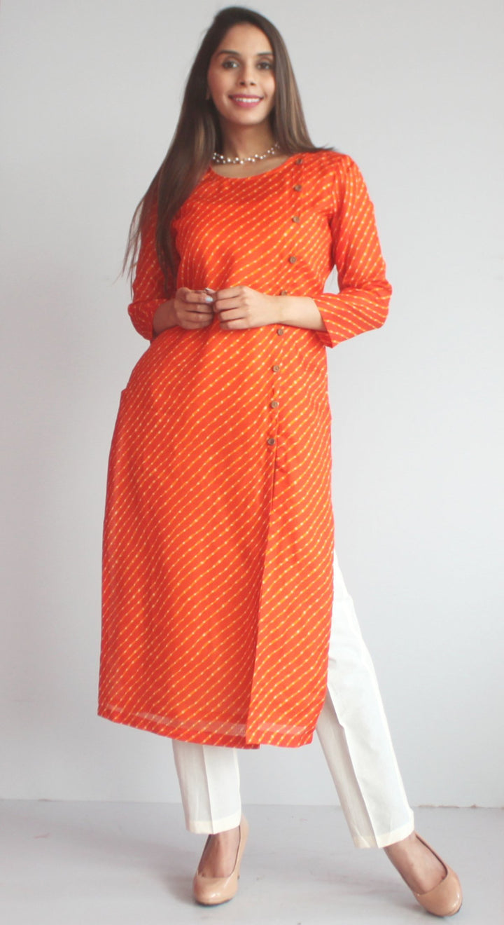 anokherang Combos XS Orange Kota Leheriya Side Buttoned Kurti with Straight Pants and Orange Sequenced Dupatta
