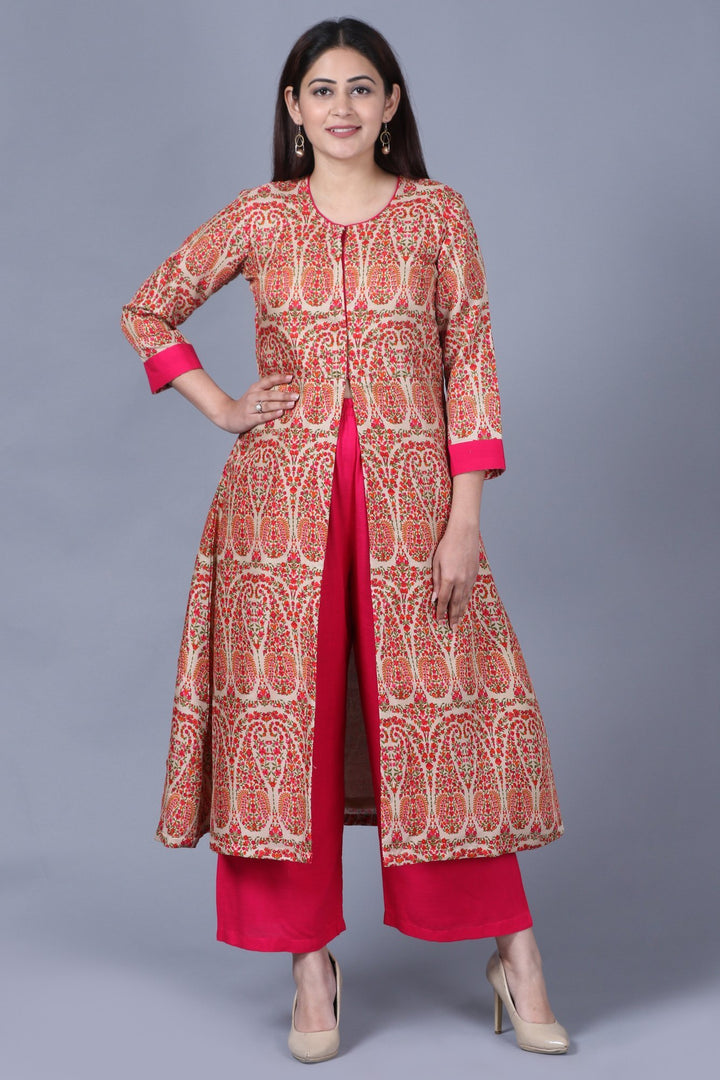 anokherang Combos XS Paisley Printed Jacket Style Flared Kurti with Straight Palazzos