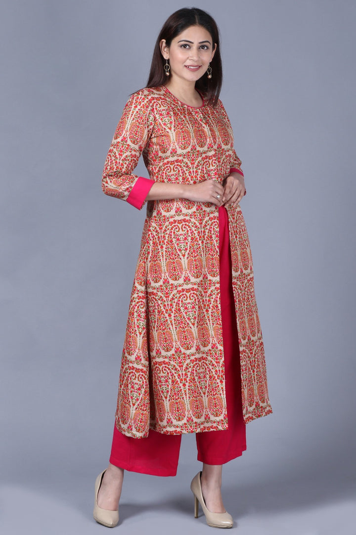 anokherang Combos XS Paisley Printed Jacket Style Flared Kurti with Straight Palazzos