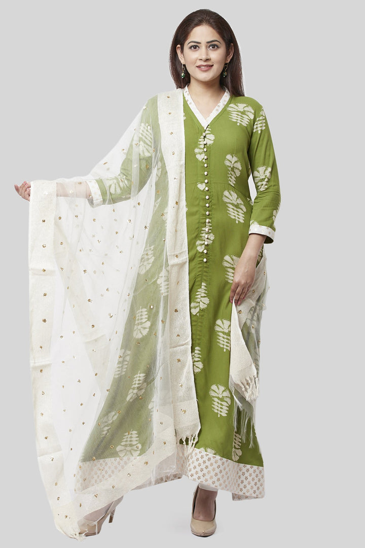 anokherang Combos XS Pale Green Festive Kurti with Off-White Churidaar and Sequenced Organza Dupatta