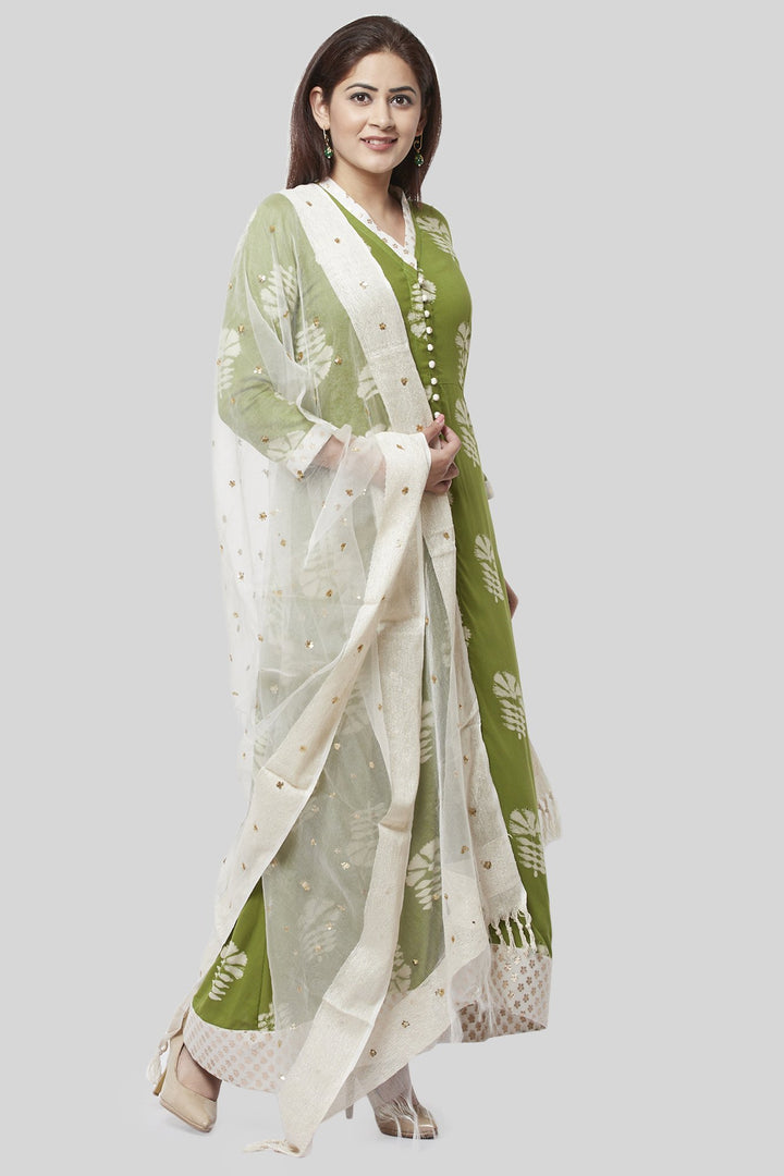 anokherang Combos XS Pale Green Festive Kurti with Off-White Churidaar and Sequenced Organza Dupatta