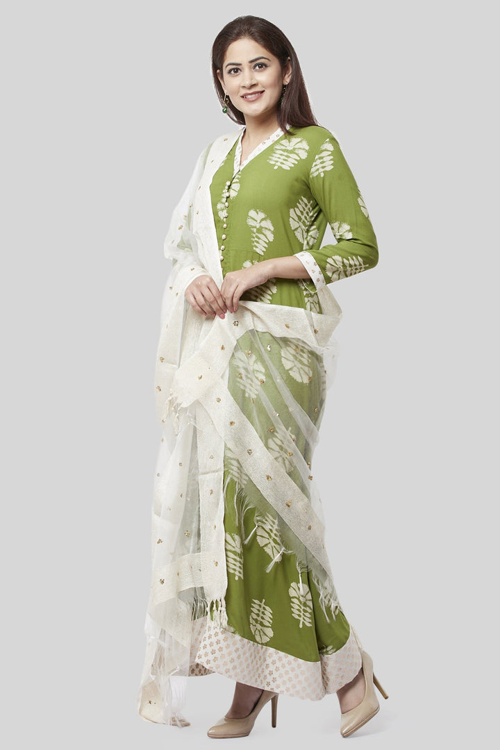 anokherang Combos XS Pale Green Festive Kurti with Off-White Churidaar and Sequenced Organza Dupatta
