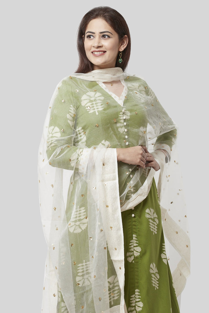 anokherang Combos XS Pale Green Festive Kurti with Off-White Churidaar and Sequenced Organza Dupatta