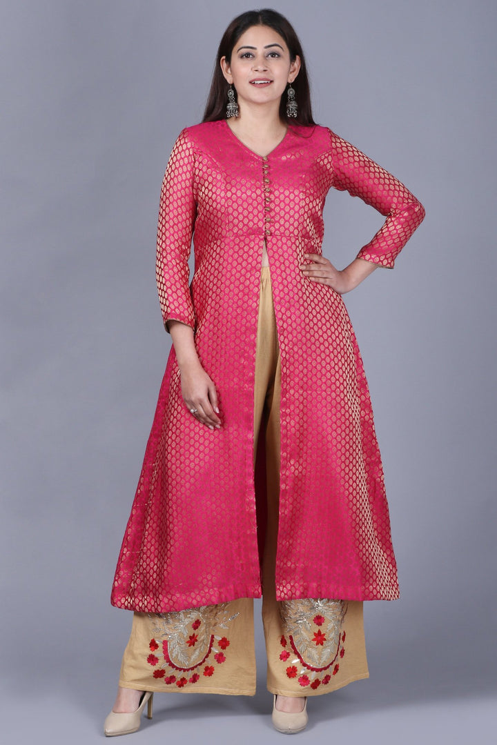 anokherang Combos XS Pink Brocade Jacket Style Kurti with Gold Gotta Flared Palazzos