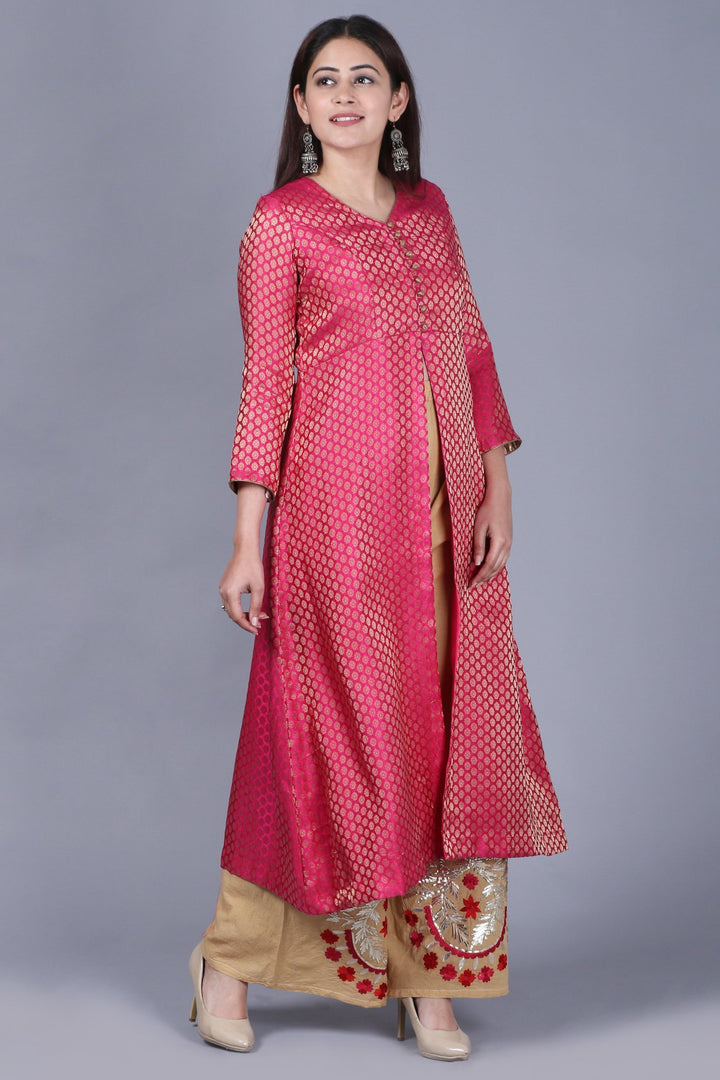 anokherang Combos XS Pink Brocade Jacket Style Kurti with Gold Gotta Flared Palazzos