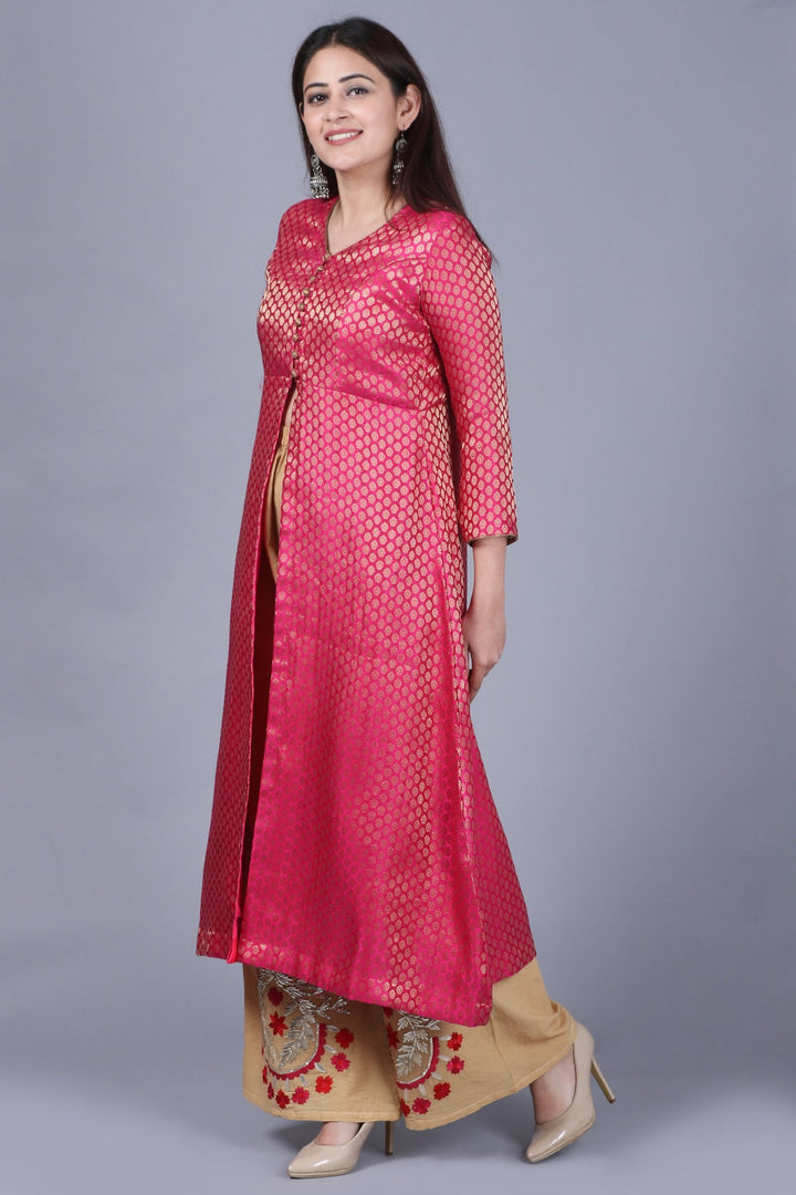 anokherang Combos XS Pink Brocade Jacket Style Kurti with Gold Gotta Flared Palazzos