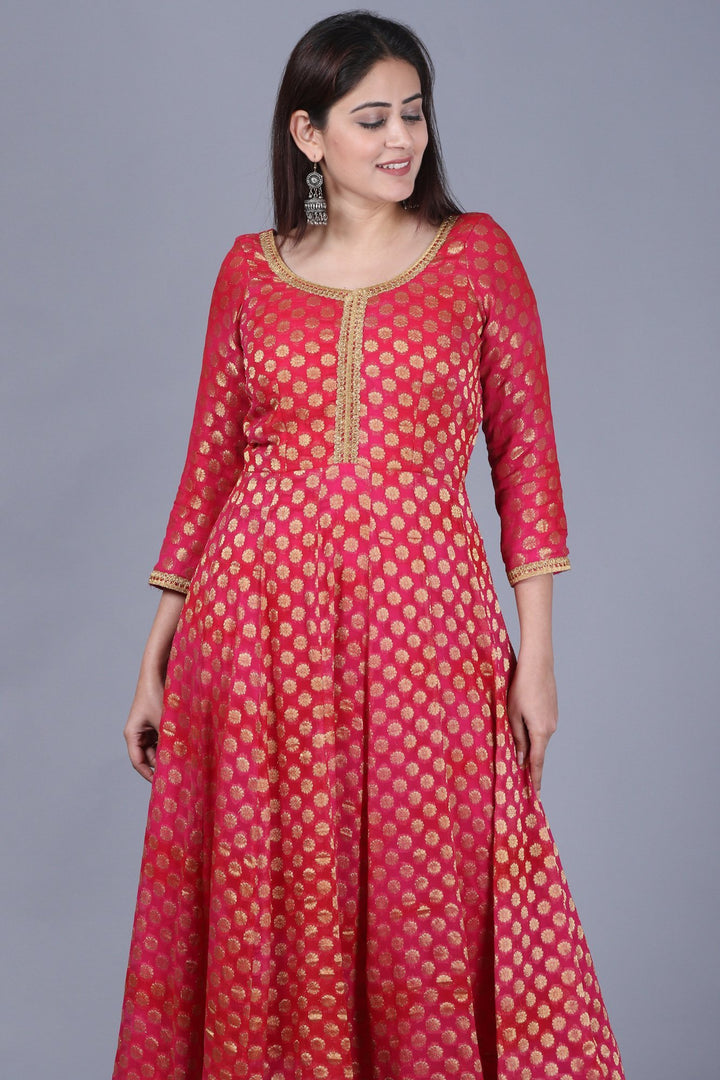 anokherang Combos XS Pink Red Georgette Banarsi Anarkali with Leggings