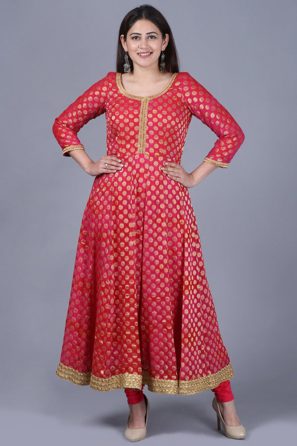 anokherang Combos XS Pink Red Georgette Banarsi Anarkali with Leggings