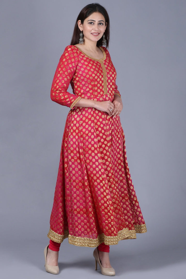 anokherang Combos XS Pink Red Georgette Banarsi Anarkali with Leggings