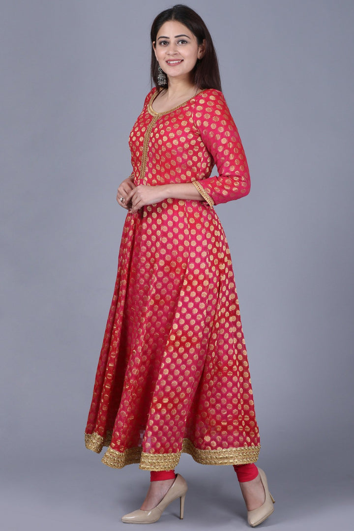 anokherang Combos XS Pink Red Georgette Banarsi Anarkali with Leggings