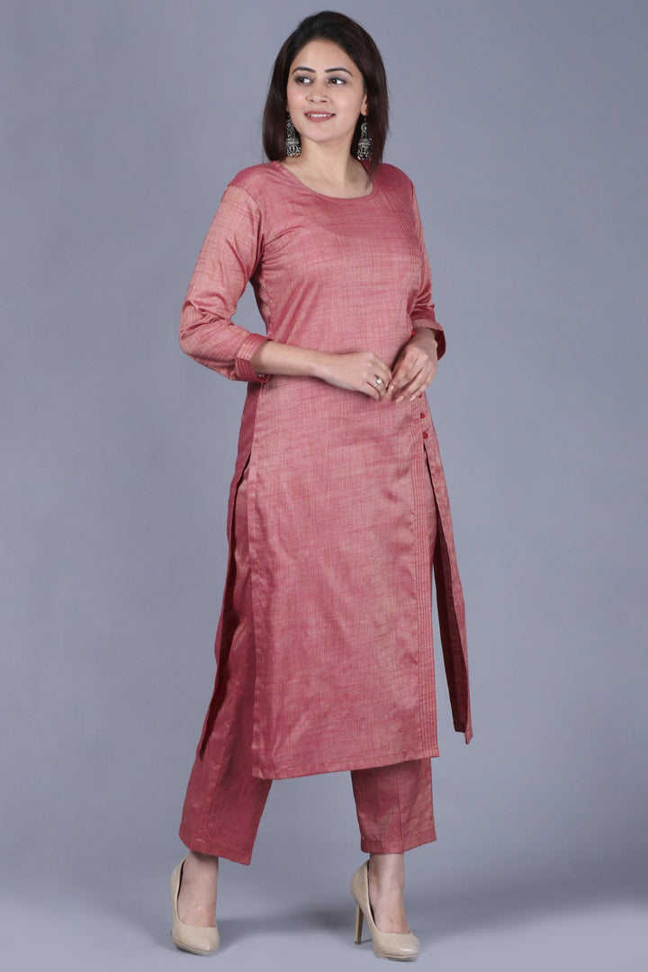 anokherang Combos XS Pinkish Silk Side Slit Kurti with Straight Pants