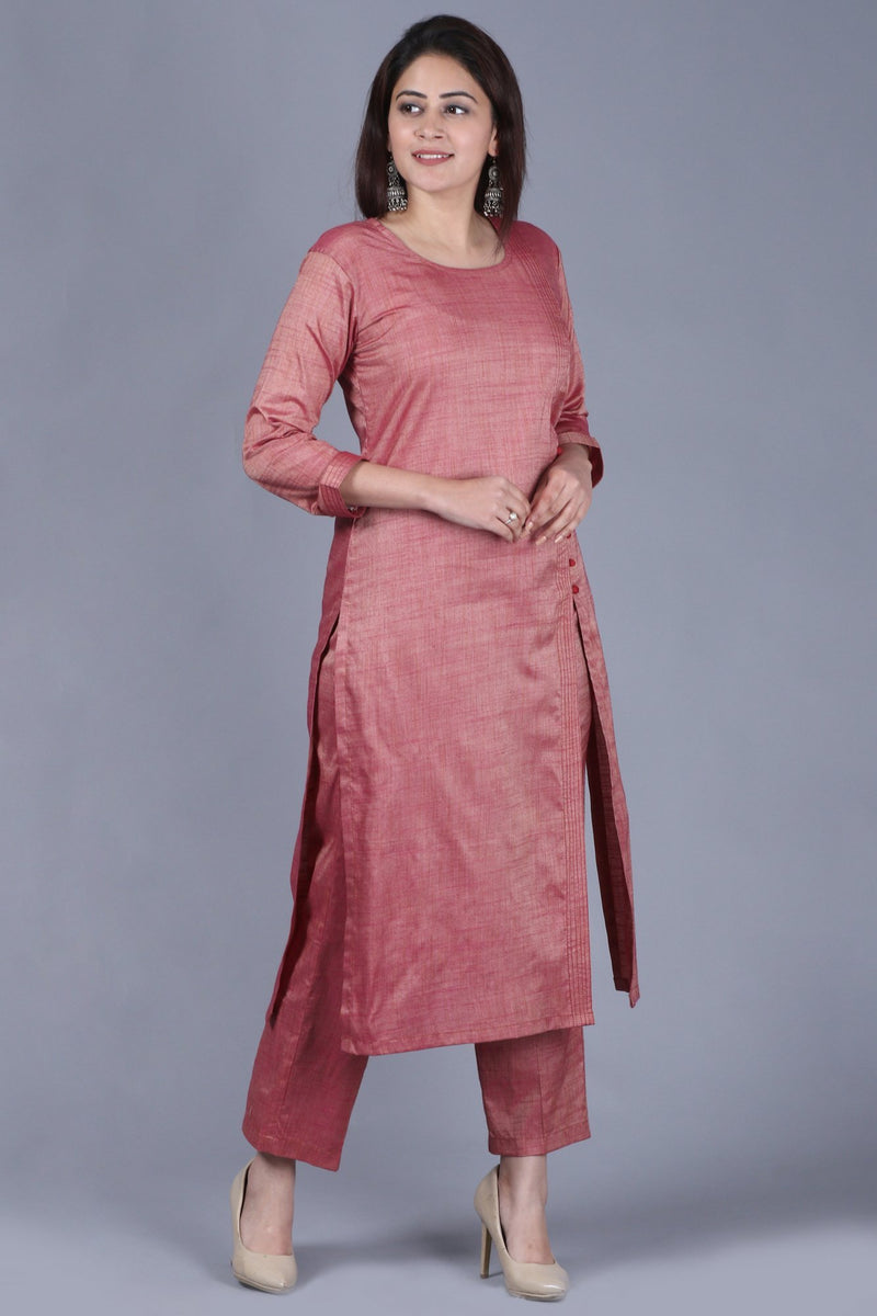 Pinkish Silk Side Slit Kurti with Straight Pants anokherang