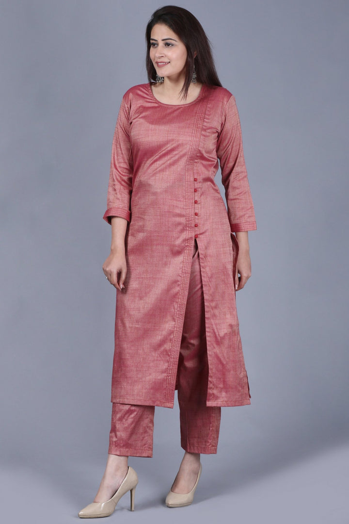 anokherang Combos XS Pinkish Silk Side Slit Kurti with Straight Pants
