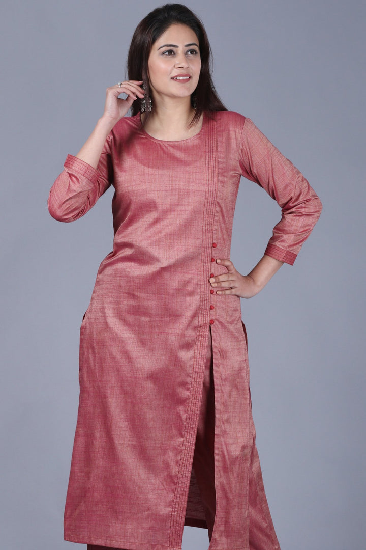 anokherang Combos XS Pinkish Silk Side Slit Kurti with Straight Pants