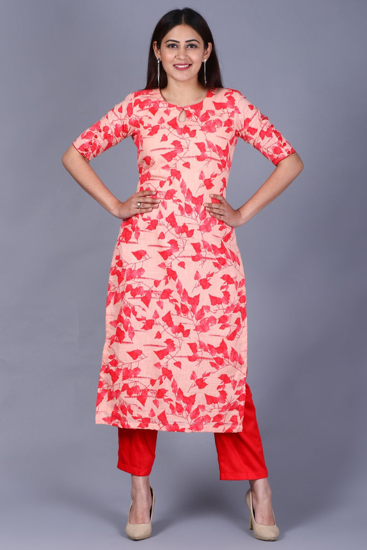 anokherang Combos XS Red Leaf Printed Straight Kurti with Straight Pants