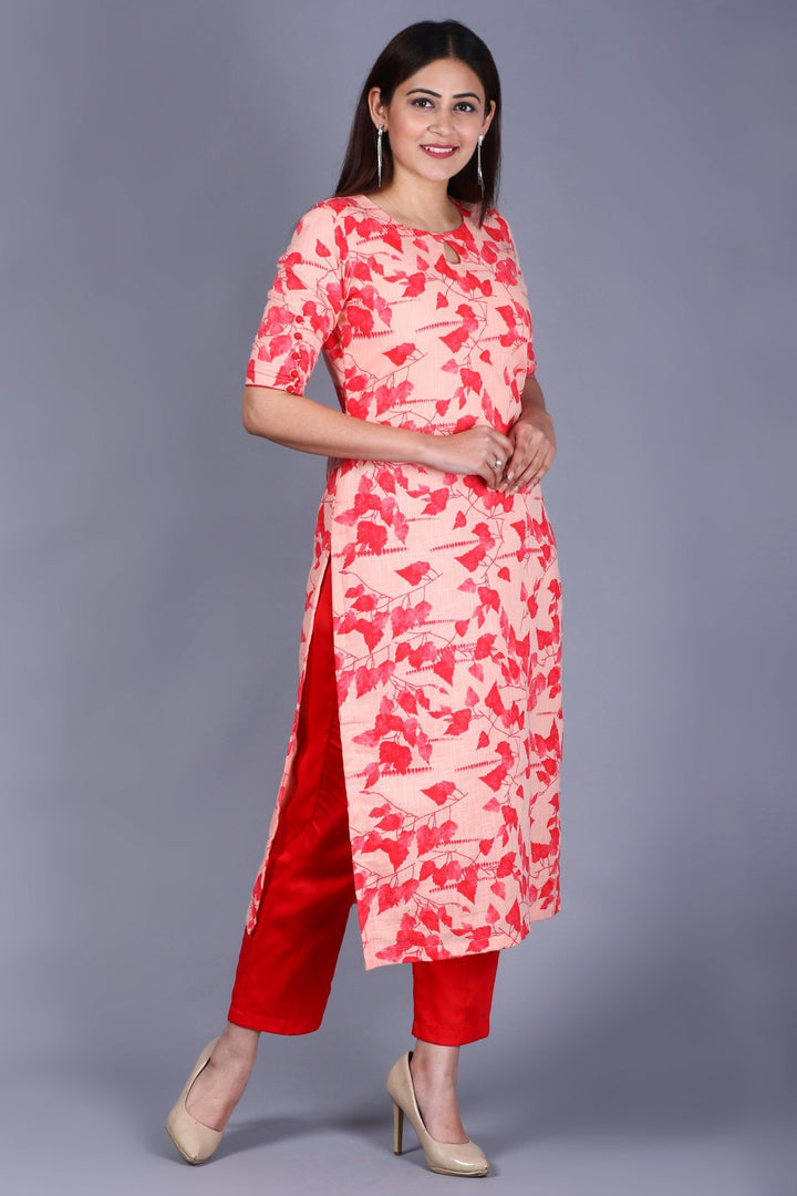 anokherang Combos XS Red Leaf Printed Straight Kurti with Straight Pants