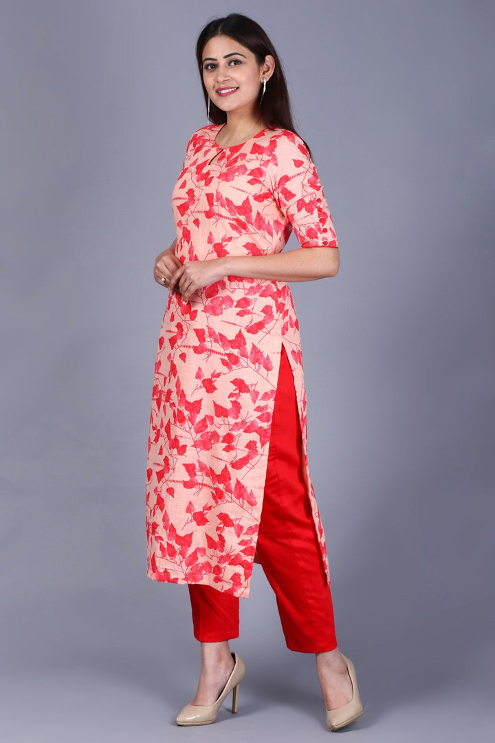 anokherang Combos XS Red Leaf Printed Straight Kurti with Straight Pants