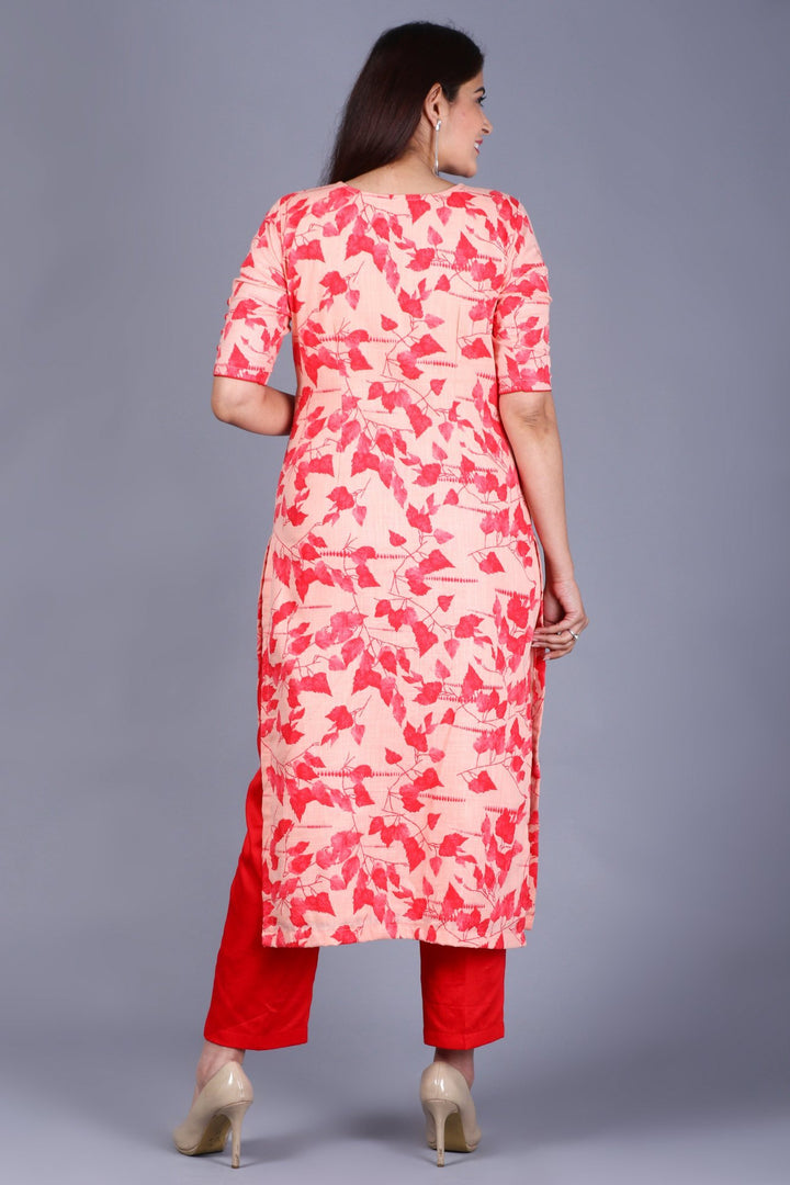 anokherang Combos XS Red Leaf Printed Straight Kurti with Straight Pants