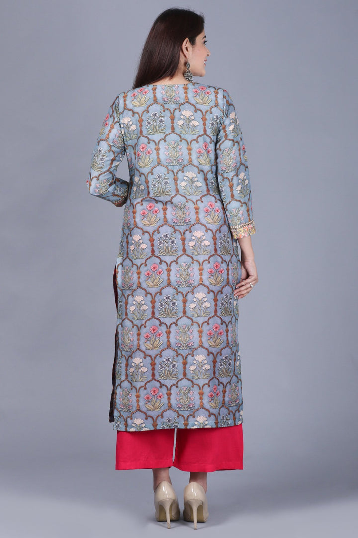anokherang Combos XS Slate Gray Mughal Printed Gotta Straight Kurti with Straight Palazzos and Pink Embroidered Dupatta