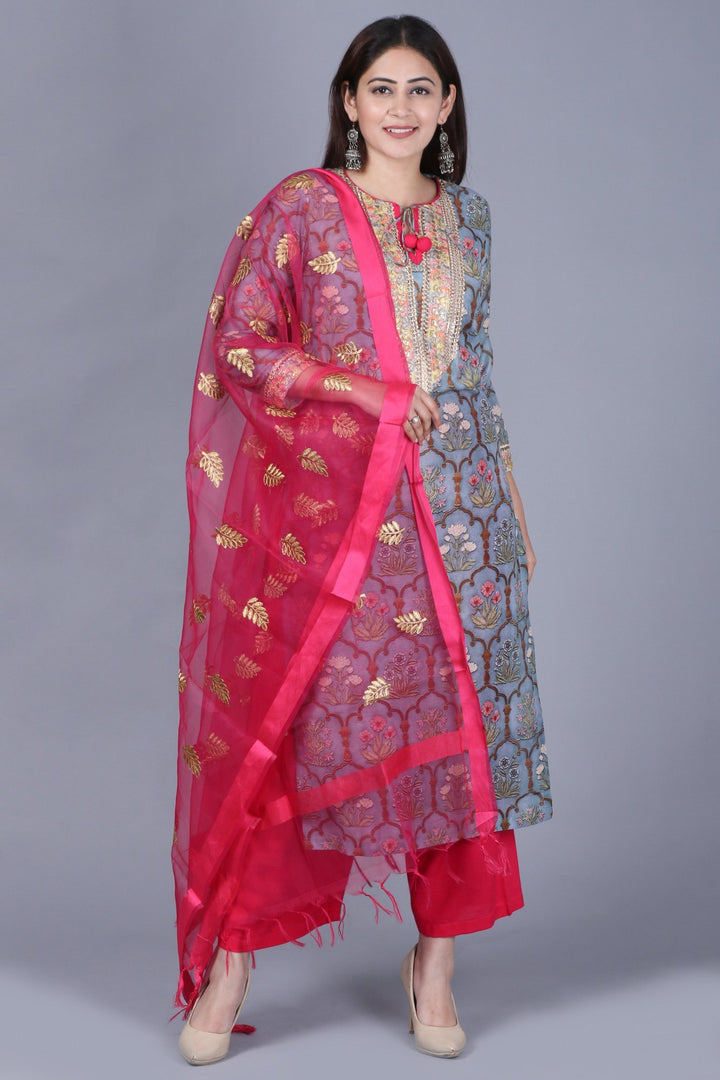 anokherang Combos XS Slate Gray Mughal Printed Gotta Straight Kurti with Straight Palazzos and Pink Embroidered Dupatta