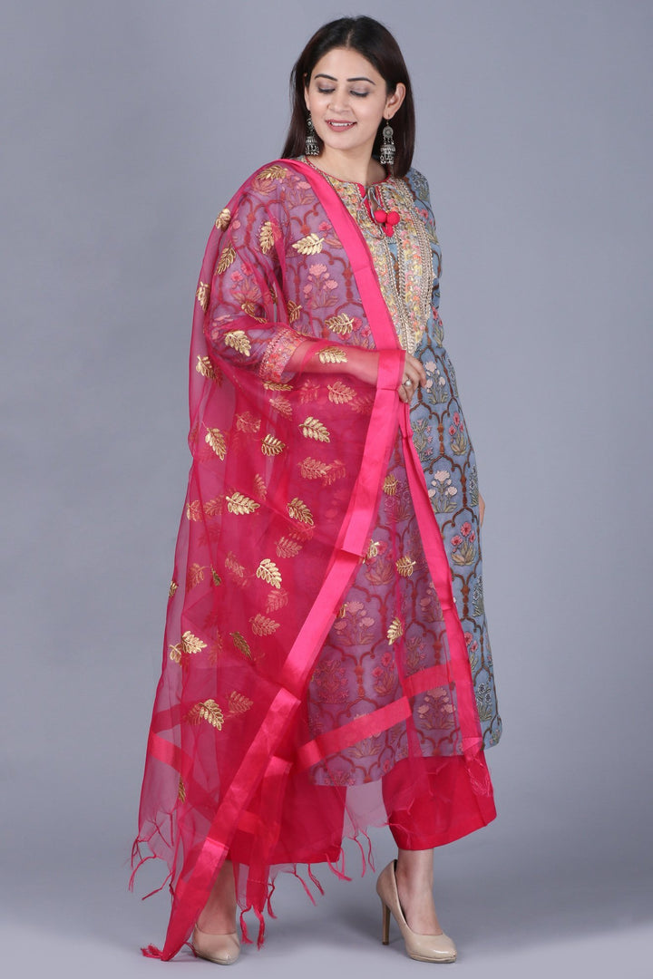 anokherang Combos XS Slate Gray Mughal Printed Gotta Straight Kurti with Straight Palazzos and Pink Embroidered Dupatta