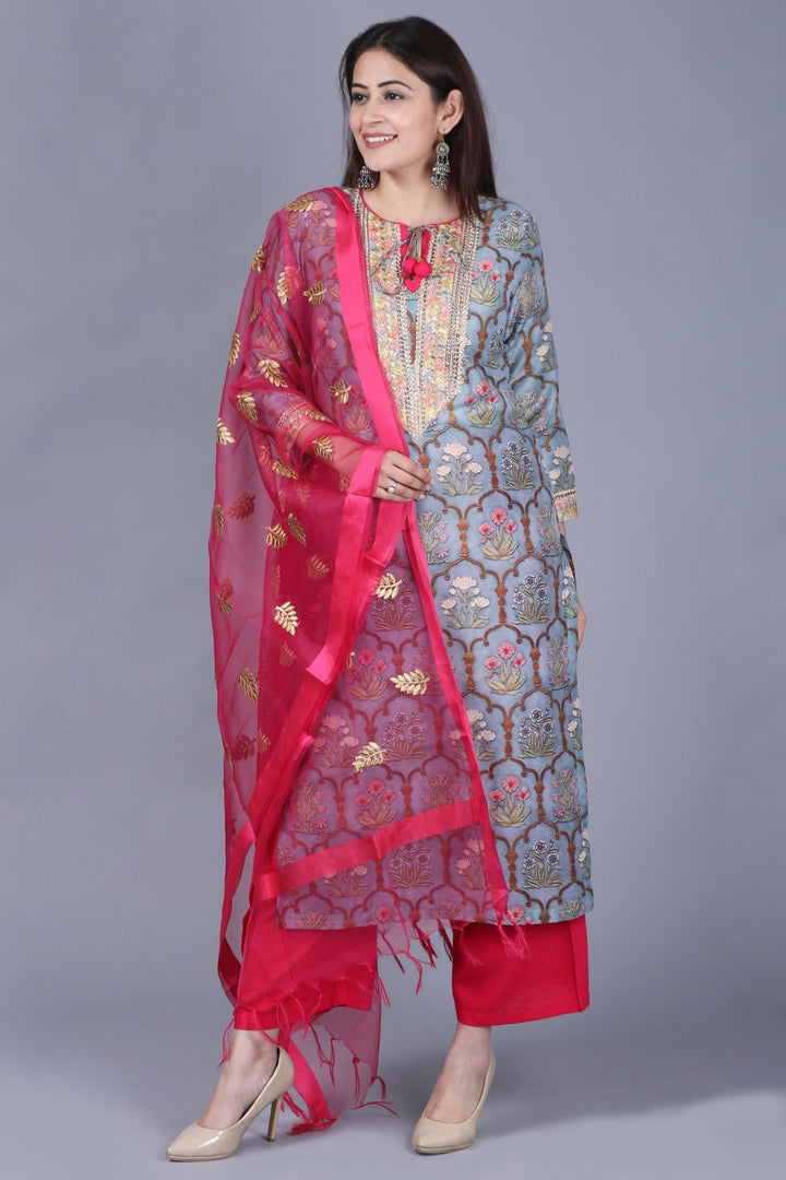 anokherang Combos XS Slate Gray Mughal Printed Gotta Straight Kurti with Straight Palazzos and Pink Embroidered Dupatta