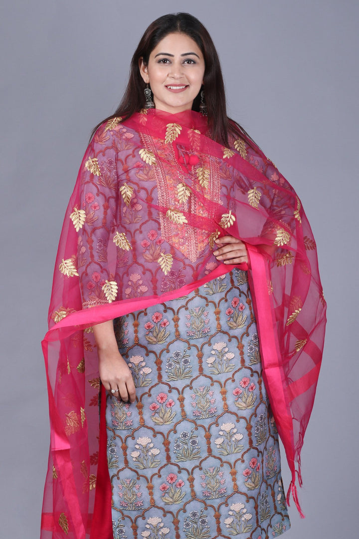 anokherang Combos XS Slate Gray Mughal Printed Gotta Straight Kurti with Straight Palazzos and Pink Embroidered Dupatta
